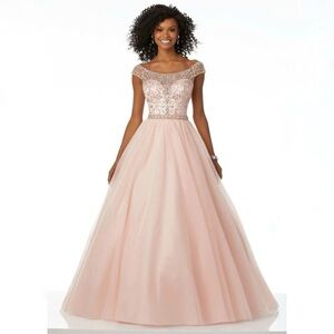 Mori Lee 42072 Blush Pink Jeweled Off Shoulder Ball Gown Tulle Prom Dress Size 2